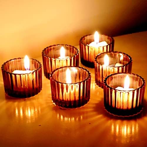 Амбър Свещник Tealight, Определени от 12,2 x 1,4 Стъклени Кафяви Малки Свещници за Обрек, Украса за Дома, Прозрачен Свещник Tealight