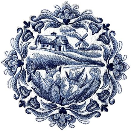 Обичай уникални нюанси на синьо [Селска къща Delft Blue], бродирани желязо нашивке [6,89 * 6,89] [Произведено в САЩ]