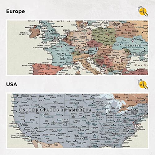 Карта за пътуване в булавках - Подробна карта на света, с щифтове - Карта на платно, която може да се мотае и да маркирате игли