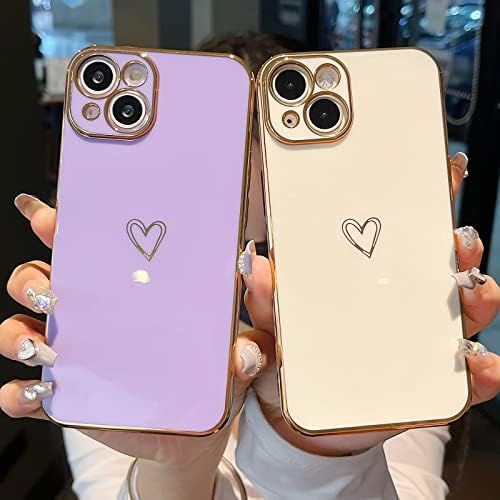 YKCZL е Съвместим с калъф за iPhone 14, Луксозен калъф-броня със Сладки сърце, на ръба и пълна защита на обектива на камерата за iPhone 14 за жени и момичета-Лилаво
