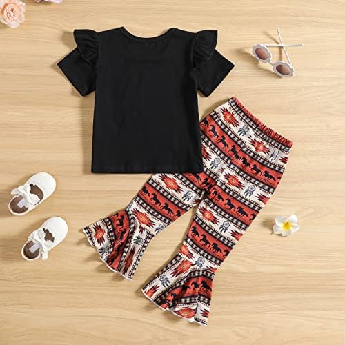 MODNTOGA/ Лятна Тениска с къси ръкави и Рюшами За малки момичета, Разкроена Панталони в стил Бохо с Графичен Дизайн, Комплект дрехи