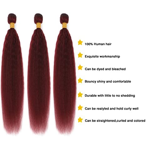 99j Бразилски Пряка Човешка Коса Yaki 3 връзки Със затварянето на Yaki Human Hair 4x4Closure Натурални Къдрава Направления За изграждане на Virgin (12-14-16 инча с 12Closure)