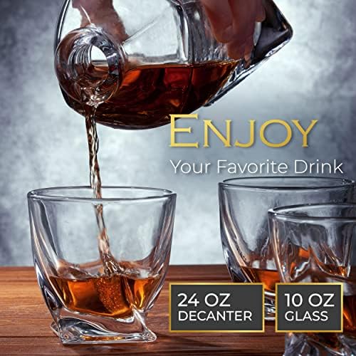 Набор от графинов за уиски за мъже с 4 Чаши и 9 камъчета за уиски – Коледен подарък 2023 – (Старомодна чаша 25 грама - Витое кристал