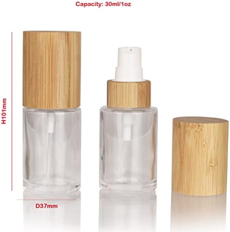 COSIDEA 6 бр., празна бутилка от прозрачно стъкло с бамбукови капаци капацитет от 1 унция/30 мл и дозатор за лосион, за многократна