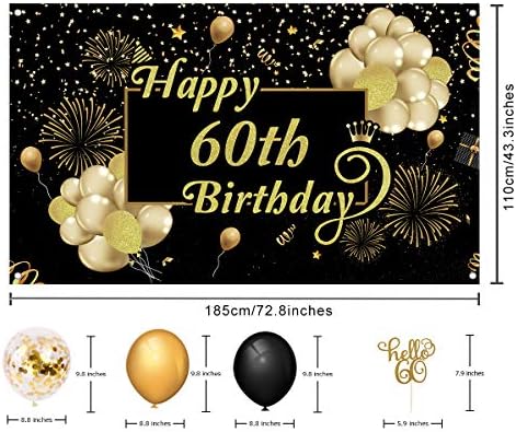 Украса на 60-ия Рожден Ден за мъже и Жени, Бижута на 60-ия Ден от Раждането, Банер 60-ти Рожден Ден на Черно-Златния Фон на 60-ия
