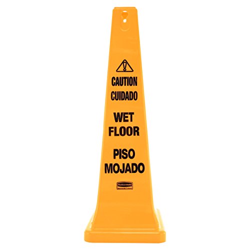 Rubbermaid Commercial Products Защитния конус Внимание мокър под, 25 инча, Жълто, Многоезичен Предупредителен Знак за Хранителни