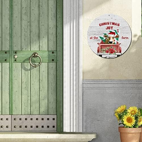 Кръгла Метална Лидице Табела с Надпис Коледна Радост във Фермата-Крава И Камион Селски Табела на Вратата на Стаята Ретро Кръг Венец
