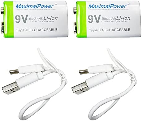 Литиево-йонна батерия MaximalPower 9V 650 mah с зарядно кабел USB Type-C | детектори за дим, дигитален аларма, китарни педали, радио