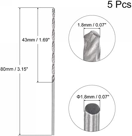 uxcell 5 бр 1,8 мм Мини-Микро-Спирала Тренировки, Быстрорежущая стомана с Директен Опашка, Удължена Тренировка 80 мм за Алуминиева