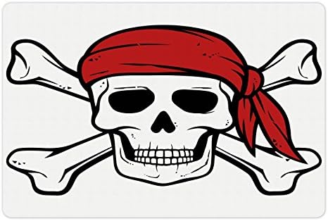 Foldout Пират Подложка за домашни за храна и вода, Череп на Мъртъв Пират и Кръстосани Кости, Червена Забрадка, Страшен Бандит, Предупреждение