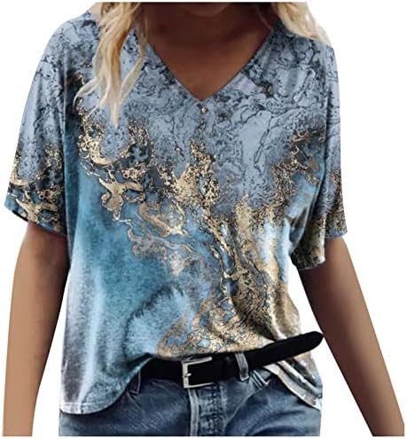 Блуза, Тениска за Жени С Къс Ръкав 2023 Кръгъл Отвор с Дълбоко V Образно Деколте Памук Мрамор Графичен Честит Подарък Случайни Топ