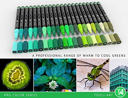 Акрилни Писалка за рисуване 22 Зелени Цветове, Разнообразни Набор от Маркери серия Pro Color, Много Тънък Връх 0.7 mm за Наскальной