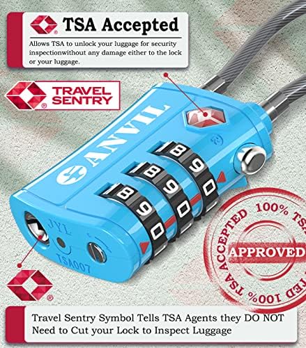 Кабелни Ключалки за багаж, одобрени от ANVIL TSA, 3-Цифрен Брава с кабелна ключалка от с сплав, е подходящ за пътищата куфара, раница,