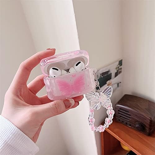 Миниатюрен Сладък Прозрачен калъф за Airpod Pro с хубави шарени пеперуди под формата на графити и Сладък розов Цвете, ключодържател