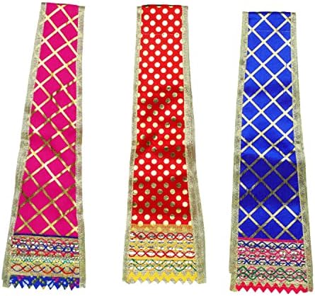 Комплект от 3 декоративни салфетки за пуджа Пуджа Чунар Дупатта (Размер:- 24 инча x 3,5 инча) Обекти за пуджа, предмети за декорация
