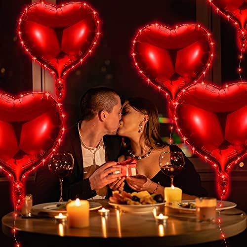Свети Валентин 12 Комплекта Загорающихся Led Балони Фольгированное Сърцето Червени Струнни Светлини, 18 Червените Сърдечни Балони